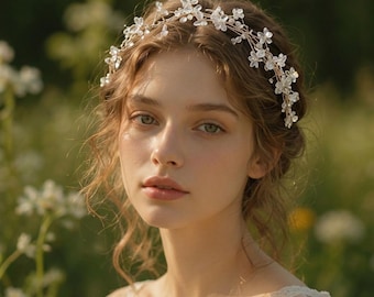 Accesorio de corona de bosque de hadas boho, diadema floral para boda, adorno para el cabello de novia