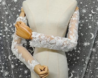 Elegant Bridal Beaded Appliques Long Arm Sleeves,Removable Off-the-Shoulder Lace Wedding Sleeves,Wedding Accessories,Fingerless Sleeves