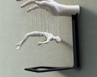 Escultura surrealista de marioneta, figura controlada a mano, decoración oscura, estatua impresa en 3D.