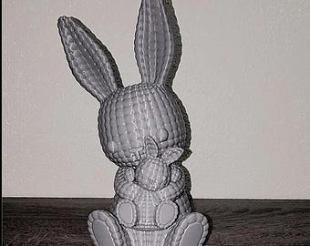 Estatua de conejo de punto gris con cría, figura de plástico impresa en 3D