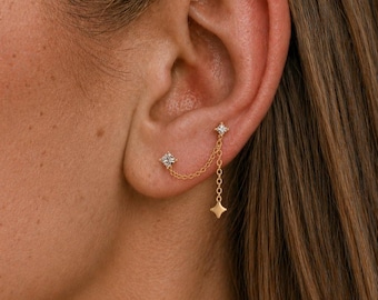 Conjunto de pendientes tipo ear cuff Crystal Star de plata de ley, chapados en oro, sin necesidad de perforación, con diseño en capas y doble perforación: plata de ley chapada en oro de 18 quilates.