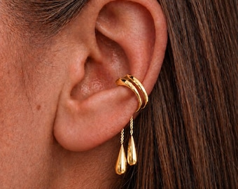 Gold Teardrop Ear Cuff, Dainty Chain Drop Ear Clip, No Piercing Earring, Minimalist Water Drop Cuff, Elegant Non Pierced Jewelry Gift