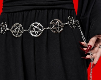 Gothic Pentagram Waist Chain Y2K Punk Body Belt Silver Star Chain Belt Alt Fashion Accessory for Dresses Skirts