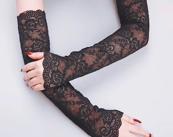 Mangas de encaje negro, guantes sin dedos, calentadores de brazos góticos, protección UV, cubiertas de malla para brazos, accesorios Y2K Fairycore