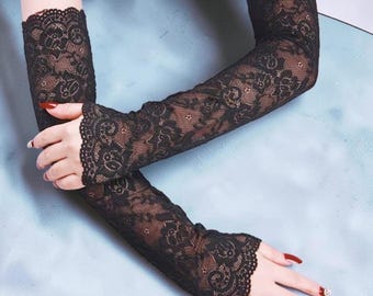Black Lace Arm Sleeves Fingerless Gloves Gothic Arm Warmers UV Protection Mesh Arm Covers Y2K Fairycore Accessories
