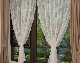 Cortina transparente de encaje floral blanco con bolsillo para barra, estilo rústico romántico, para sala de estar y dormitorio.