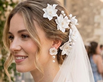 French Bridal Hair Clip and Earrings Set Handmade Fabric Flower Wedding Headpiece, Silk Floral Hair Pin with Pearls, Romantic Bridal Jewelry