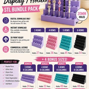 May include: A digital download bundle for 3D printable beaded pen display holders. The graphic shows various tiered stands in purple, pink, teal, and black, featuring 20mm holes for organizing pens. Includes multiple row and column configurations.