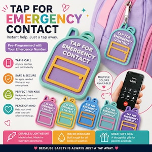 Może przedstawiać: Zestaw silikonowych zawieszek w kształcie plecaka z napisem TAP FOR EMERGENCY CONTACT. Te tagi NFC są dostępne w różnych kolorach, w tym fioletowym, turkusowym, niebieskim i różowym, i służą do szybkiego nawiązywania połączeń w razie potrzeby.
