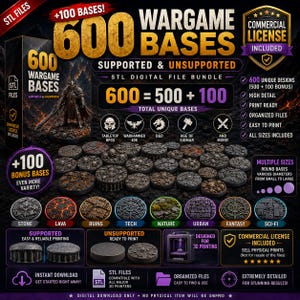 May include: A digital bundle of 600 wargame bases in STL format, featuring supported and unsupported files. The collection includes various themes like stone, lava, ruins, tech, nature, urban, fantasy, and sci-fi. A commercial licence is included for selling physical prints of these high-detail, 3D printable designs.