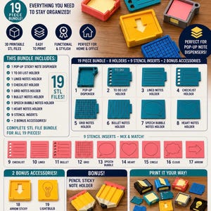 Puede incluir: Un paquete de 19 archivos STL imprimibles en 3D para organizadores de notas adhesivas con varios soportes y plantillas. Incluye dispensadores para notas de 76x76 mm, con diseños de listas, cuadrículas, corazones, flechas y bombillas.