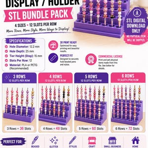 Puede incluir: Un expositor de bolígrafos con cuentas impreso en 3D de color morado con orificios de 12,2 mm. Este paquete digital STL incluye diseños de 3, 4, 5 y 6 filas, cada una con 12 ranuras. El soporte está diseñado para bolígrafos, bolígrafos con purpurina y lápices ópticos.
