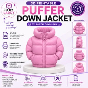 Pode incluir: Um arquivo digital imprimível em 3D para uma jaqueta puffer rosa. A imagem exibe o texto 3D PRINTABLE PUFFER DOWN JACKET, STL DIGITAL DOWNLOAD e vários ícones. Quatro vistas menores da jaqueta rosa são exibidas no lado direito.