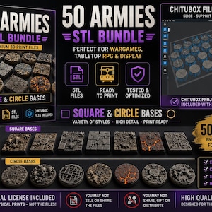Könnte beinhalten: Ein digitales Produktpaket mit dem Titel 50 Armies STL Bundle, das 3D-druckbare quadratische und runde Basen für Wargames und Tabletop-RPGs enthält. Inklusive STL- und Chitubox-Dateien, druckfertigen Designs und einer kommerziellen Lizenz.