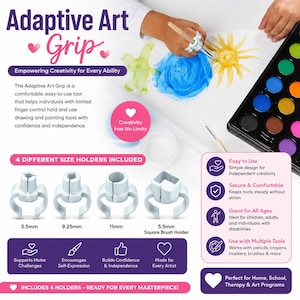 Peut inclure: Un ensemble d'outils de préhension artistique adaptative comprenant quatre supports en plastique blanc de 5,5 mm, 9,25 mm, 11 mm et un support carré de 5,5 mm. Le texte indique Adaptive Art Grip, Empowering Creativity for Every Ability.