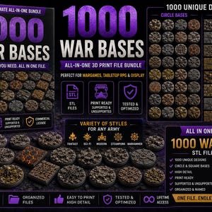 Op de afbeelding: Een digitaal productpakket genaamd 1000 War Bases, met 1000 unieke 3D-print STL-bestanden voor tabletop wargames. De collectie bevat diverse cirkelvormige en vierkante basisontwerpen met gedetailleerde texturen, beschikbaar als directe download inclusief een commerciële licentie voor fysieke prints.