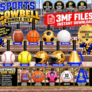 May include: A digital bundle set of 3MF files for 3D printing nine sports-themed cowbells. Designs include a football, basketball, soccer ball, volleyball, baseball, softball, baseball helmet, football helmet, and a megaphone with custom text.