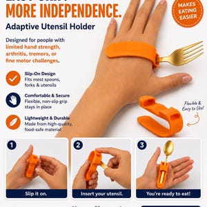 Op de afbeelding: Een oranje siliconen adaptieve bestekhouder ontworpen om bestek aan de hand te bevestigen. Het product heeft een flexibel ontwerp om aan te schuiven met een gleuf voor het plaatsen van lepels of vorken, getoond met een gouden vork en een gouden lepel.
