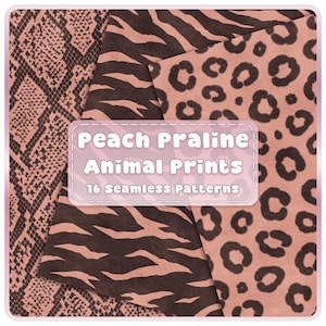 Papeles sin costuras con estampado animal en tonos melocotón, 16 diseños JPG de leopardo, cebra y serpiente, fondos de safari de felpa.