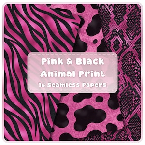 Seamless Pink & Black Animal Print Patterns, 16 Leopard Zebra Cheetah Papers, Y2K Safari Backgrounds