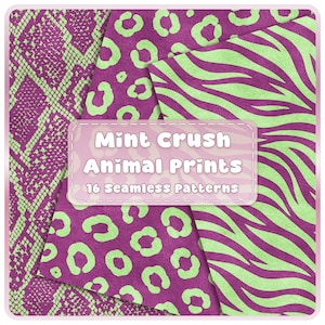 Raspberry & Pistachio Seamless Animal Print Patterns, 16 Cheetah Giraffe Snake Papers, Y2K Safari Backgrounds