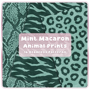 Mint Animal Print Seamless Papers, 16 JPG Cheetah Tiger Snake Patterns, Plush Safari Backgrounds