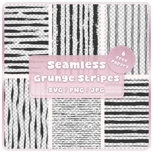 Op de afbeelding: Een digitale collectie van zes naadloze grunge strepenpatronen in zwart op een transparante achtergrond. De tekst luidt Seamless Grunge Stripes, SVG / PNG / JPG en 6 Free Papers. De ontwerpen bevatten diverse horizontale en verticale penseelstreken.