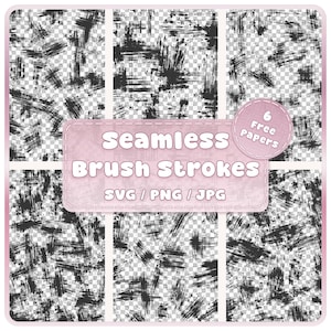 Può includere: Una collezione digitale di sei motivi senza cuciture con pennellate nere usurate su sfondo trasparente. Un riquadro rosa mostra il testo Seamless Brush Strokes, SVG / PNG / JPG e 6 Free Papers.