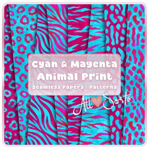 May include: A collection of cyan and magenta animal print patterns. The patterns include leopard spots and zebra stripes. The text on the image reads "Cyan & Magenta Animal Print Seamless papers / patterns". The image also includes the text "All Sorts".