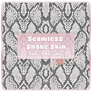 May include: A seamless snake skin pattern in black and white, with a pink border. The text "Seamless Snake Skin" is displayed in white, along with "SVG / PNG / JPG". A small pink heart is also present.