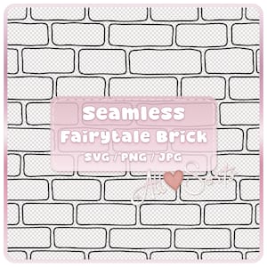 May include: A seamless brick pattern design with a pink overlay that reads "Seamless Fairytale Brick" in white text. The design includes a heart and the text "All Soft". The brick pattern is black and white.