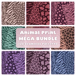 Pacote Gigante de Estampas Sem Costura de Animais de Pelúcia, 128 Papéis e Fundos com Temas de Leopardo, Zebra, Cobra e Tigre