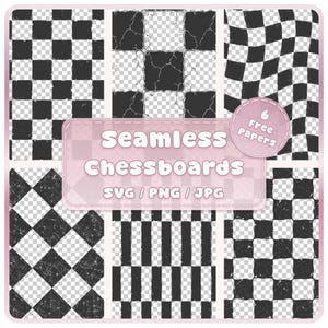 Può includere: Una collezione di sei motivi a scacchiera bianchi e neri senza cuciture con varie texture e distorsioni. Un'etichetta centrale mostra il testo Seamless Chessboards, SVG / PNG / JPG e 6 Free Papers in un rettangolo rosa arrotondato.