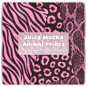 Naadloze dierenprintpatronen in mokka en roze, 16 papieren met luipaard-, zebra- en slangenprint, Y2K safari-achtergronden