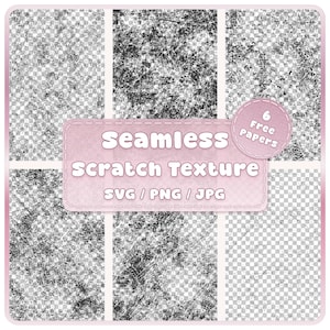 Può includere: Una collezione digitale di sei texture graffiate senza giunture in bianco e nero. L'immagine presenta una sovrapposizione rettangolare rosa con il testo Seamless Scratch Texture, SVG / PNG / JPG e un badge circolare con 6 Free Papers.