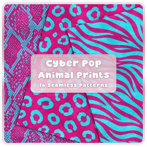 Motivi animalier senza soluzione di continuità ciano e magenta, 16 carte leopardate, zebrate e con motivo serpente, sfondi safari Y2K