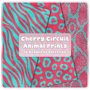 Cherry & Aqua Seamless Animal Print Patterns, 16 Leopard Zebra Snake Papers, Y2K Safari Backgrounds