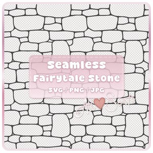 May include: A digital graphic pattern featuring a black and white hand-drawn stone wall design. A pink rectangular overlay contains the white text Seamless Fairytale Stone SVG / PNG / JPG and a small pink heart icon with the script text All Sorts.