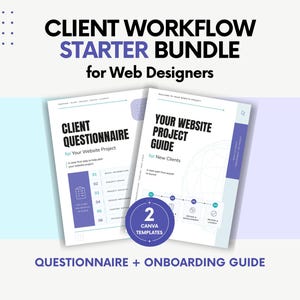 Op de afbeelding: Een digitaal pakket met twee documenten getiteld Client Questionnaire for Your Website Project en Your Website Project Guide for New Clients, met een ronde badge met de tekst 2 Canva Templates, uitgevoerd in een wit, paars en lichtblauw kleurenschema.