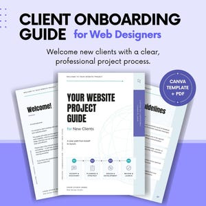 Può includere: Una guida all'onboarding dei clienti per web designer composta da più pagine. La copertina mostra il testo Your Website Project Guide for New Clients con una sequenza temporale in quattro fasi. Un badge circolare viola riporta la scritta Canva Template + PDF.