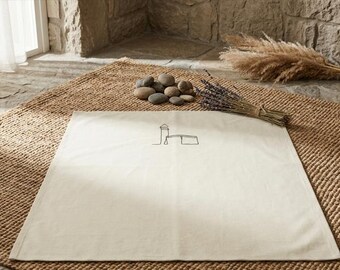 Minimalist Line Art Prayer Mat – Modern Kaaba & Minaret Embroidery