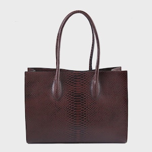 Brown Python Embossed Leather Tote Bag | Large Women's Shoulder Handbag | Luxury Textured Everyday Purse | Elegant Work Office Bag