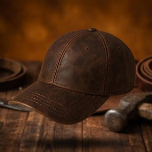 May include: A dark brown leather baseball cap featuring a six-panel construction with visible tonal stitching along the seams and a curved brim. The surface of the cap displays a matte, distressed texture with natural variations in the leather grain.
