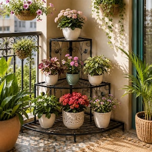 May include: A black metal corner plant stand with multiple levels, displaying various potted plants with colorful blooms. Hanging baskets with trailing flowers and a woven basket with a palm plant are also visible, creating a vibrant outdoor display.