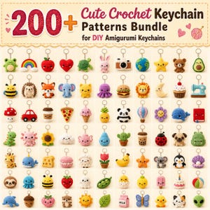 Puede incluir: Imagen de una colección de más de 200 patrones de llaveros de ganchillo. La imagen muestra una variedad de llaveros amigurumi hechos a mano y coloridos, incluyendo animales y comida. Ideal para proyectos de bricolaje.