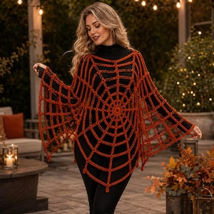 Mönster för virkad poncho med spindelnät i PDF-format | Halloweenponcho för nybörjare | Nättopp med klockärm | Direkt nedladdning