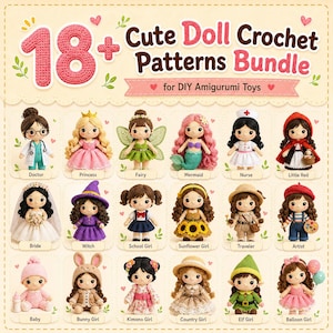 Può includere: Un'immagine che mostra un pacchetto di 18+ modelli di bambole all'uncinetto. Le bambole includono personaggi come un dottore, una principessa, una fata e una sirena. Il titolo recita "Cute Doll Crochet Patterns Bundle".