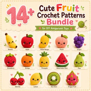 Puede incluir: Un conjunto de 14+ patrones de frutas de ganchillo, que incluyen un plátano, una manzana, un mango, un melocotón, uvas, una fresa, una naranja, una piña, una rodaja de sandía, una pera, cerezas, un limón, una rodaja de kiwi y fruta del dragón. El texto dice "Cute Fruit Crochet Patterns Bundle for DIY Amigurumi Toys."
