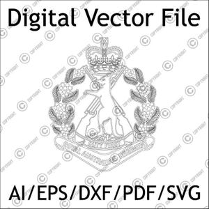 May include: Black and white digital vector file of the Royal Australian Regiment emblem. The emblem features a kangaroo, rifles, a crown, and the text "DUTY FIRST" and "ROYAL AUSTRALIAN REGIMENT". The file formats are AI, EPS, DXF, PDF, and SVG.
