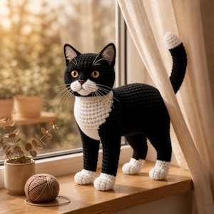 May include: A handmade crochet cat in black and white, standing on a wooden windowsill. The cat has yellow eyes, white paws, and a white bib. A ball of yarn and a small potted plant are also on the windowsill.